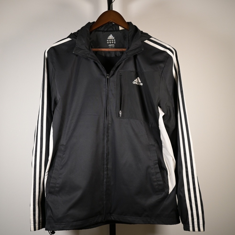 Adidas Mens Black White Three Stripe Hooded Windbreaker Jacket Size Medium